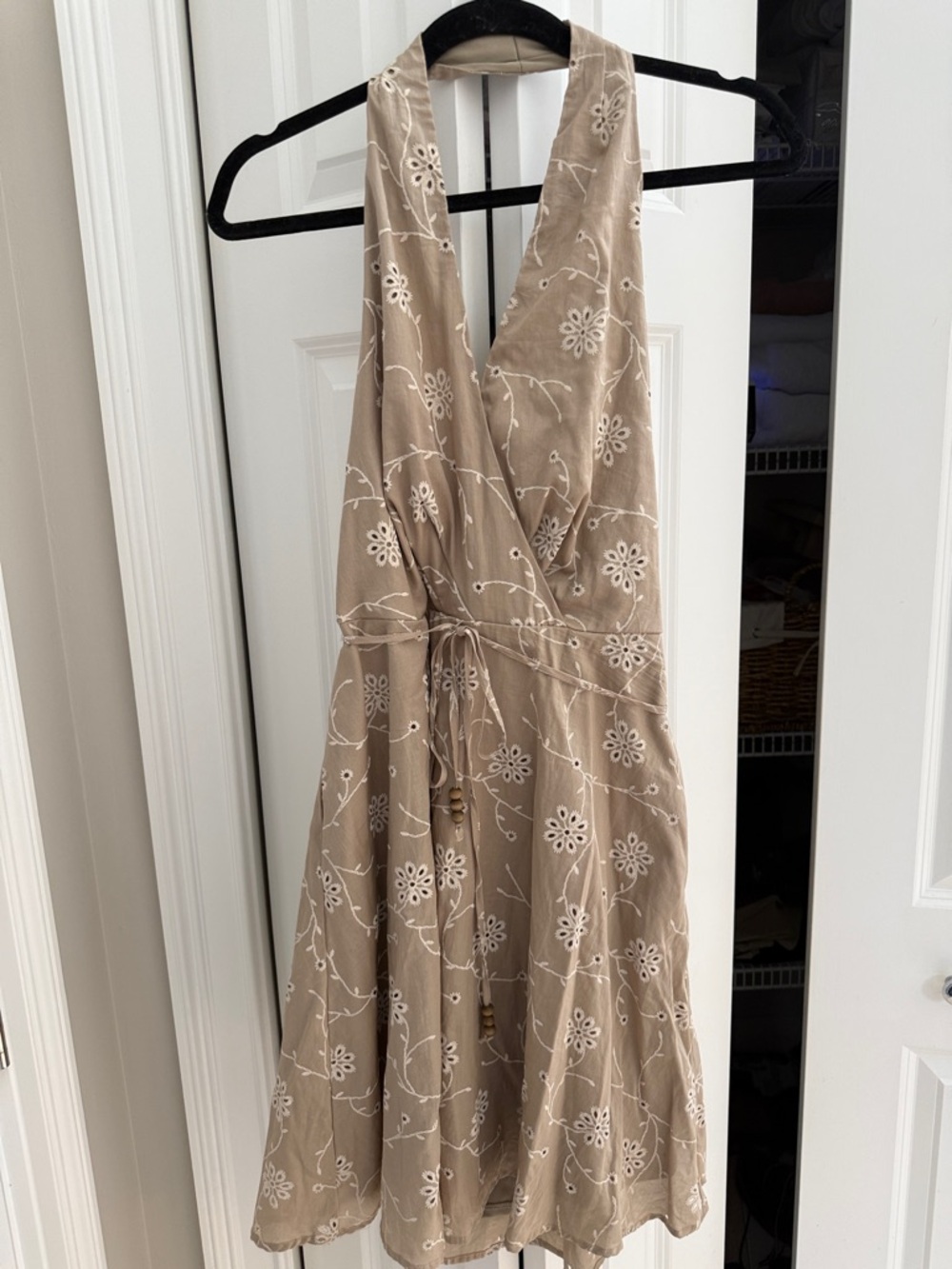 Joie Taupe One-Shoulder Embroidered Tie-Waist Dress